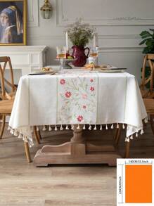 1pc Pink Floral With Green Leaf Embroidered Tablecloth, French Luxury Minimalist Style, Home Kitchen Decor, Suitable For Holiday Gatherings, Birthday Parties, Dining Table Decor, Home Decoration, All Seasons