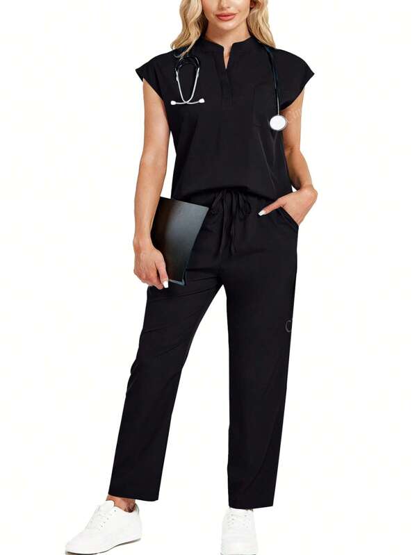 cimmuovere Conjunto de uniforme de top holgado sin mangas de cuello alto y pantalones con múltiples bolsillos de talla grande