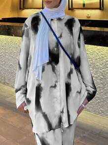 2 pezzi Set di seta stampata - Camicia a maniche lunghe e Pantaloni, Outfit casual per primavera/estate per donna