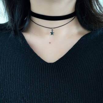 1 pieza Collar de gargantilla de acero inoxidable con dos capas y cuentas, estilo punkchic y minimalista de terciopelo sintético para mujer, versátil para uso diario, no se destiñe