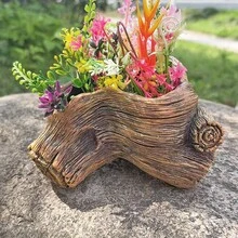 1pc Vintage Cement Tree Stump Planter - Rustic Style Design For Succulent & Green Plants, Indoor/Outdoor Decor Pot With Drainage Hole - Multicolor - View 17