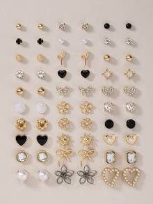 30 对/套耳钉组合 - 金属、仿珍珠、简约可爱的设计包括心形、泪珠形、蝴蝶形、水钻形、花朵形、太阳形图案，非常适合日常佩戴和节日 - 送给女士的礼物