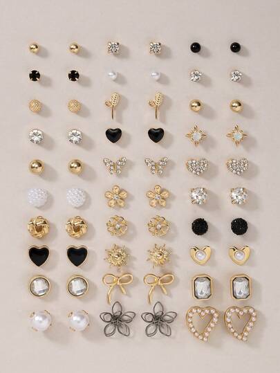 Set de 30 pares de aretes tipo stud - metálicos, de perla sintética, con diseños simples y lindos que incluyen motivos de corazón, gota, mariposa, rhinestone, flor, sol; ideales para uso diario y festividades - regalo para mujer