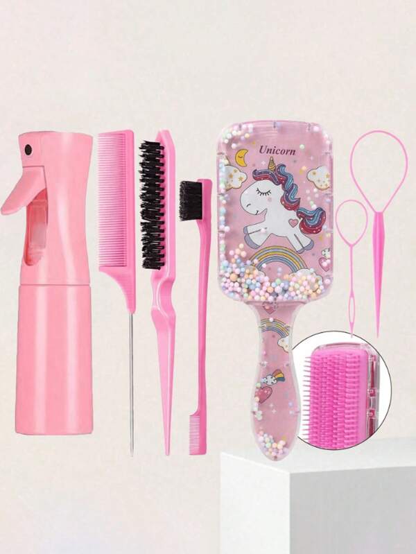 7-Piece/Square Transparent Cartoon Children's Comb, Smooth Comb, Home Hair Comb, Scalp Massage Comb, Bubble Ball Plastic Comb, Hair Tip Tail Comb, Three Row Comb, Double Headed Comb Design, Brush, Eyebrow Pencil, Makeup Tray Hair Cover, Tie Hair Brush Set ,Hair Accessoires, Hair Accessories, Claw Clips