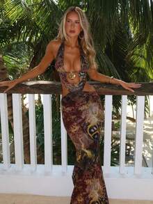 Women's Summer Fashion Elegant Tie Dye Mesh See Through Printed Halter Backless Slit Embellished Maxi Long Dress Beach Vacation Holiday Cover Up Dress Sexy Clothes