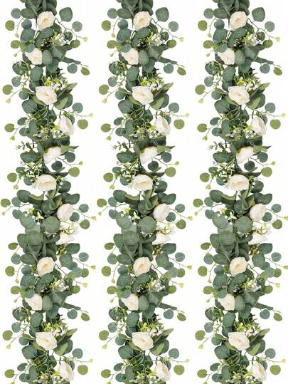 1/2 Pcs Mis Aman, 69 Inch/5.74 Ft Artificial Eucalyptus Wreath With White Roses, Fake Rose Green Wreath Floral Garland, Suitable For Easter, Mother's Day Decor, Room Decor, Wedding Decor Party, Table Runner Decor, Ground Curtain Decor, Scene Decor, Home Decor (White)