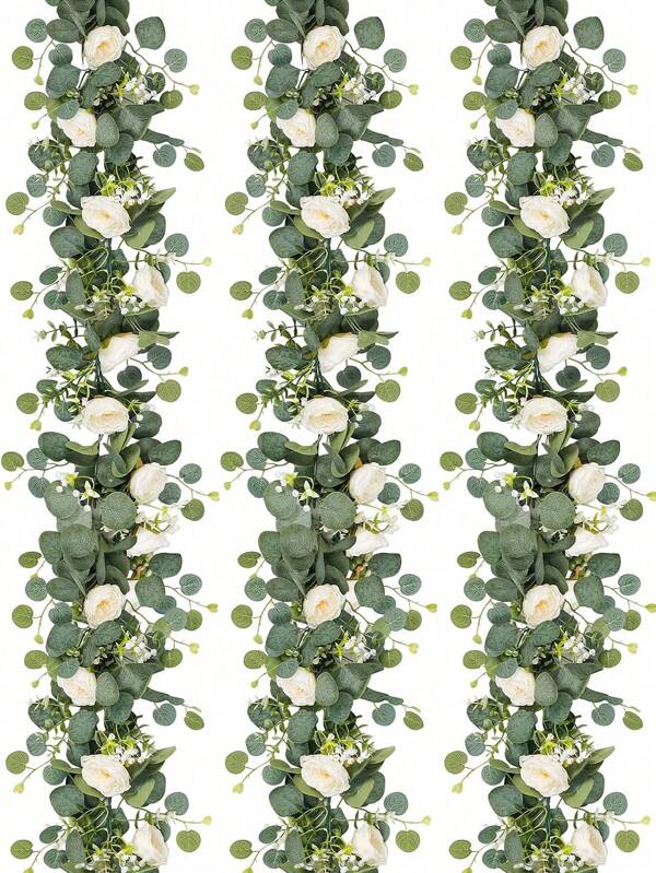 1/2 Pcs Mis Aman, 69 Inch/5.74 Ft Artificial Eucalyptus Wreath With White Roses, Fake Rose Green Wreath Floral Garland, Suitable For Easter, Mother's Day Decor, Room Decor, Wedding Decor Party, Table Runner Decor, Ground Curtain Decor, Scene Decor, Home Decor (White)