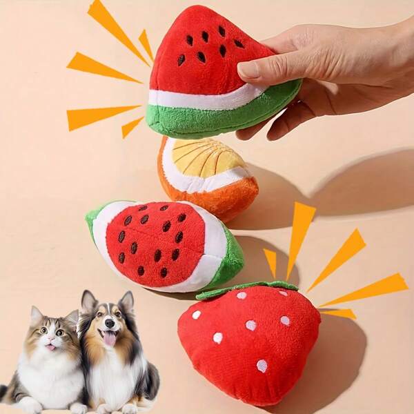 4pcs Plush Squeaky Pet Toy Set For Small Dogs & Cats -Cool Watermelon, Orange, Strawberry Designs - Interactive Play And Sleep Companions, Pet Toys For Dogs Chew Toy For Dog Interactive Supply