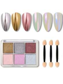 6 Colors Chromatic Powder Set - Vibrant Mermaid Neon Nail Art Pigment Powder, Suitable For DIY Nail Decoration, Music Festivals, Parties And Nail Salons, Easy To Apply, Cruelty-Free - 彩色 - 查看 6