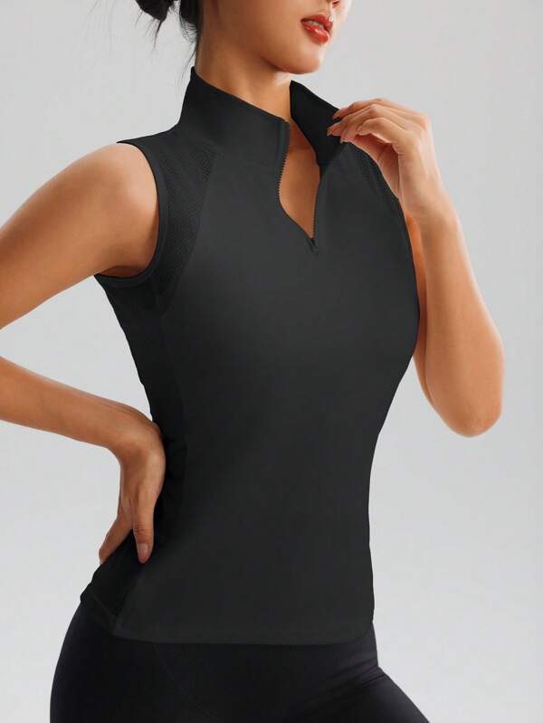 Parte superior de malla sin mangas de mujer con cuello alto y media cremallera, camisa deportiva transpirable para fitness, yoga y tenis