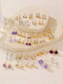 30pcs/Set Fashionable Star, Flower, Heart, Bow Decor Metal Rhinestone Studs Earrings Jewelry Set, Sweet Gift For Best Friends - Multicolor - View 11