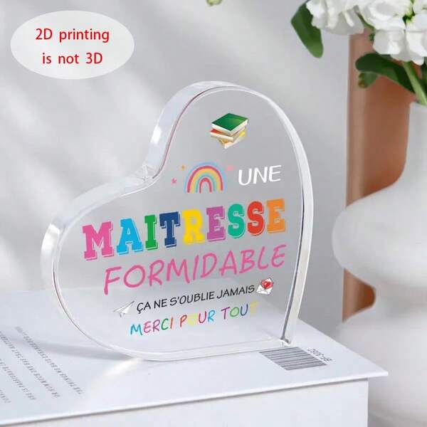 Acrílico plano 2D não é 3D. É um presente em formato de coração para um professor de francês, uma medalha de acrílico 2D para decoração, um presente de agradecimento de fim de ano para professores, Dia dos Professores, Cerimônia de Formatura, Dia de Ação de Graças, Halloween, época de Ação de Graças.