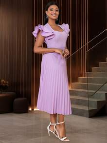 Women's Light Purple Square Neck Ruffle Sleeve Pleated Elegant Mid-Length Dress - Mauve Purple - View 5