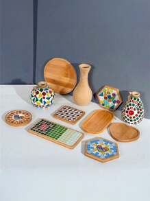 1 Stück DIY Mosaik Bambus Untersetzer, leere Basis Tablett, Getränkeuntersetzer, Pflanzenuntersetzer, Kunst Tablett (ohne Mosaikfliesen), kleines Pflanzentablett für Blumentopf, Bambus Blumentopf, Getränketablett, Harz Untersetzer Geschenk, Schreibtisch Blumentopfschutz