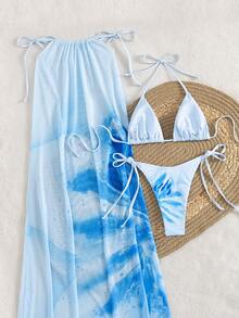 女士三件套夏季套装：吊带印花半身裙和比基尼泳衣，度假必备 - 彩色 - 查看 3