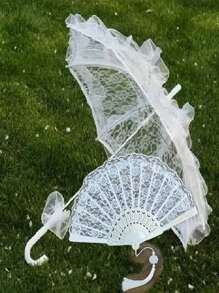 2 Pieces Romantic Bridal Wedding Props, Umbrella And Fans, European Ripple Elastic, Outdoor Wedding Decoration Set