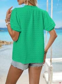 ELVA Damen Lässig Einfache Rückkehr zur Schule Kleidung Einfarbige Textur Kerbe Ausschnitt Puffärmel Bluse Rückkehr zur Schule Kleidung