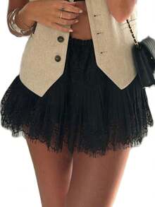 Women Lace Trim Half Slip Skirt Elastic Y2k Floral Sheer Mini Skirt Ruffle Pleated Underskirt Shirt Extender - 黑色 - 查看 1