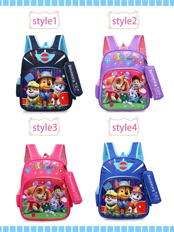 Paw Patrol Sac d'école Pat'Patrouille pour maternelle, pour enfants de 3-4-6 ans, comprenant un sac à stylos pendant, université, animaux de bandes dessinées, dessins animés, léger et grande capacité, voyage, extérieur