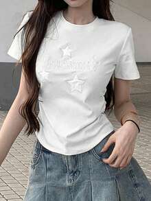 女士刺绣露肩修身圆领上衣，休闲白色夏季款 - 白色 - 查看 6