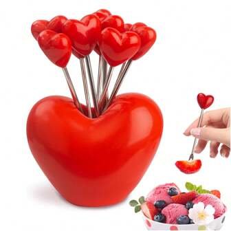 10/6/5 piezas Tenedor de acero inoxidable con forma de corazón para frutas y 1 pieza Soporte con forma de corazón, Tenedor para fruta, Tenedor de postre, Tenedor de ensalada, Palillo de comida, Regalo perfecto para el Día de San Valentín para parejas, familia, ambiente romántico, estilo, artículos escolares