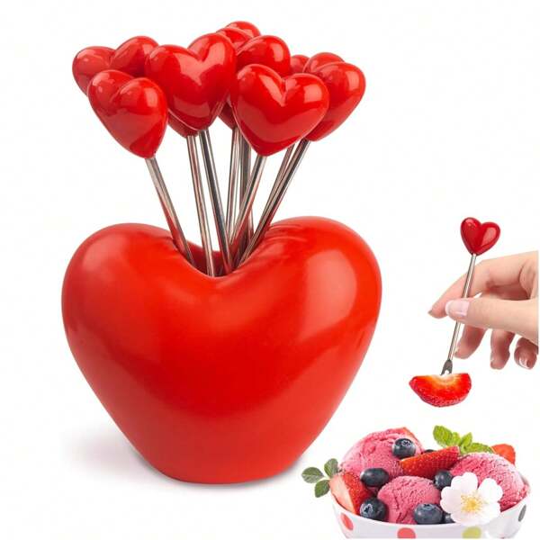 10/6/5pcs Stainless Steel Heart Shaped Fruit Fork And 1pc Heart Shaped Holder, Fruit Fork, Dessert Fork, Salad Fork, Food Pick, Perfect Valentine's Day Gift For Couples, Family, Romantic Atmosphere, Style,School Supplies