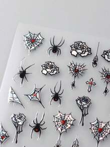 FULL BEAUTY 2 piezas Pegatinas de uñas de Halloween con diseño de rosa de telaraña láser oscura con cruz, diseños deslizantes con brillos de araña gótica Y2K, decoraciones de uñas con dibujos animados lindos