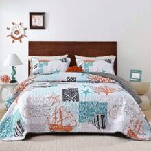 3 Pcs Coastal Bed Quilt Set Queen/King Size - Dark Blue Summer Nautical Beach Theme Quilted Blanket Thin Reversible Microfiber Bedding Lightweight Soft Bedspread Coverlet Sets For All Season, Room Decor (1 Quilt, 2 Pillow Shams)
