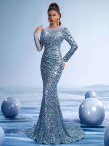 GIFORU 优雅的银蓝色美人鱼晚礼服 - 奢华的水晶装饰婚礼宾客礼服，配有 3D 亮片和透明幻觉袖子，适合庆典/晚会/鸡尾酒会的红毯正式礼服，派对礼服