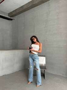 SQUALO Women's Sexy Blue Washed High Waist Jeans With Ripped For Going Out Party - Teal Blue - View 7