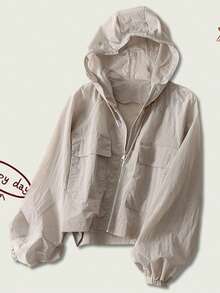 Women Sun Crop Jacket Loose Solid Color Long Sleeve Zipper Hoodie With Pockets For Summer Spring - Xám - Xem 3