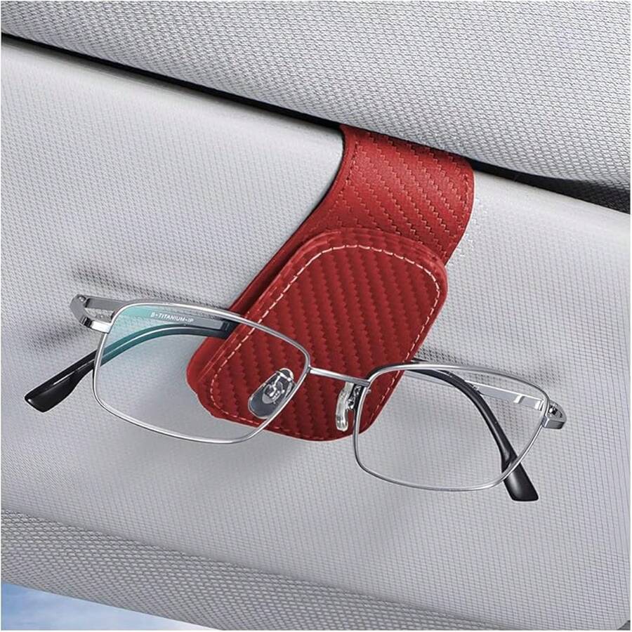 Sunglasses Holders For Car Sun Visor, Leather Eyeglasses Hanger Mounter, Magnetic Glasses Holder And Ticket Card Clip, Auto Interior Accessories Universal For SUV Pickup Truck - 紅色 - 查看 1