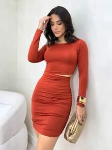 Women's Dress With Cutout Long Sleeve Elegant Pleated In Suplex 36 To 40 In Solid Color For Winter And Summer - Ferrugem - مشاهدة 1