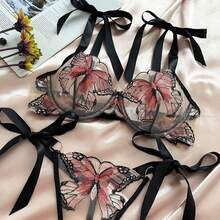 Women's Mesh Underwire Lingerie Set Butterfly Embroidery Tie Strap Bra + Low Waist Thong Babydoll Sleepwear - Red - View 2