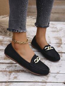 Women's Spring New Arrival Gold Chain Decor Slip-On Loafers, Light Weight Comfortable Versatile Rubber Flat Shoes - Black-two-tone - View 3