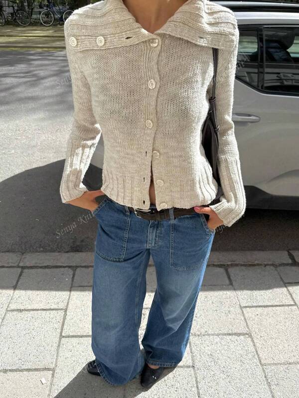 Senya Women's Autumn And Winter New Lapel Front Button Long-Sleeved Knitted Cardigan, Casual Slim Daily Sweater Tops, Design Sense Graduation Back To School Thin Jacket
