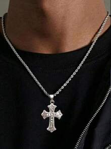 1 pieza Colgante de cruz completamente plateado de acero inoxidable con cadena retorcida y zirconia micropavimentada, estilo vintage, adecuado para uso diario, unisex de estilo hip hop - Plateado - Ver 8