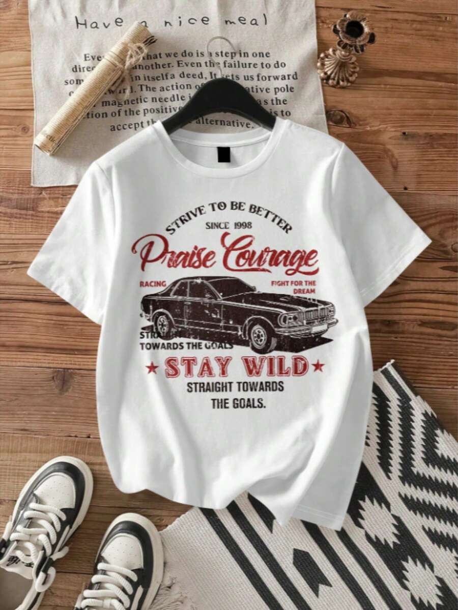 Camiseta de Manga Curta com Decote Redondo e Estampa de Carro, Casual de Verão