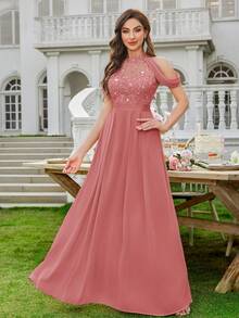 优雅高领亮片花卉蕾丝露肩晚礼服长裙 - 藕粉色 - 查看 11