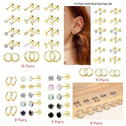 DAILI 5-15 Pairs 18K Gold Plated Small Flat Back Stud Earrings For Women Men Hypoallergenic Surgical Stainless Steel Earring Sets Tiny Screw Back Cartilage Earring