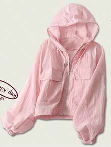 Women Sun Crop Jacket Loose Solid Color Long Sleeve Zipper Hoodie With Pockets For Summer Spring - Hồng - Xem 5