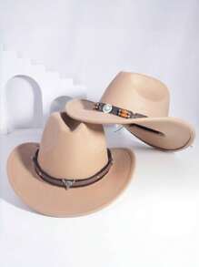 2 pièces Chapeau de cow-boy, chapeau de plage, chapeau Panama, chapeau de soleil, chapeau de cow-girl en feutre doux, fedora unisexe avec décoration de tête de bétail brodée, style bohème pour l'extérieur