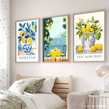 Bộ 3 bức tranh vải canvas đóng khung, Tôn vinh cuộc sống thanh lịchPositano, Sorrento, Ý, Chanh, Bờ biển, Trái cây, Cam quýt, Phong cách cổ điển thời trung cổ, Họa tiết thực vật, Quầy bar, Trang trí tường nhà và ký túc xá, Quán cà phê, Phòng khách - Nhiều màu - Xem 1