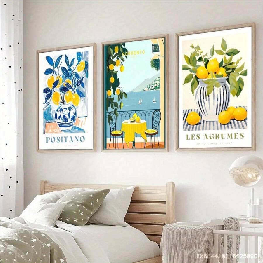Bộ 3 bức tranh vải canvas đóng khung, Tôn vinh cuộc sống thanh lịchPositano, Sorrento, Ý, Chanh, Bờ biển, Trái cây, Cam quýt, Phong cách cổ điển thời trung cổ, Họa tiết thực vật, Quầy bar, Trang trí tường nhà và ký túc xá, Quán cà phê, Phòng khách - Nhiều màu - Xem 1
