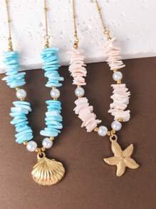1pc Stainless Steel Gold-Color Chain Natural Stone Beaded Necklace, Suitable For Women Traveling And Vacation Wear