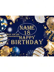 1 peça de balão azul e dourado personalizado para festa de aniversário, pano de fundo, tapeçaria, banner, bandeira, fundo decorativo, tecido, decoração, Natal, fácil de limpar, requintado, personalizado de alta qualidade, personalizado, único, presentes ideais para ela, namorado, namorada, pai, mãe, família, amigos, filho, filha, estudantes para casamentos, para inauguração de casa, escola, casa, escritório, itens essenciais para casamento, faixas e flâmulas personalizadas, ambiente acolhedor