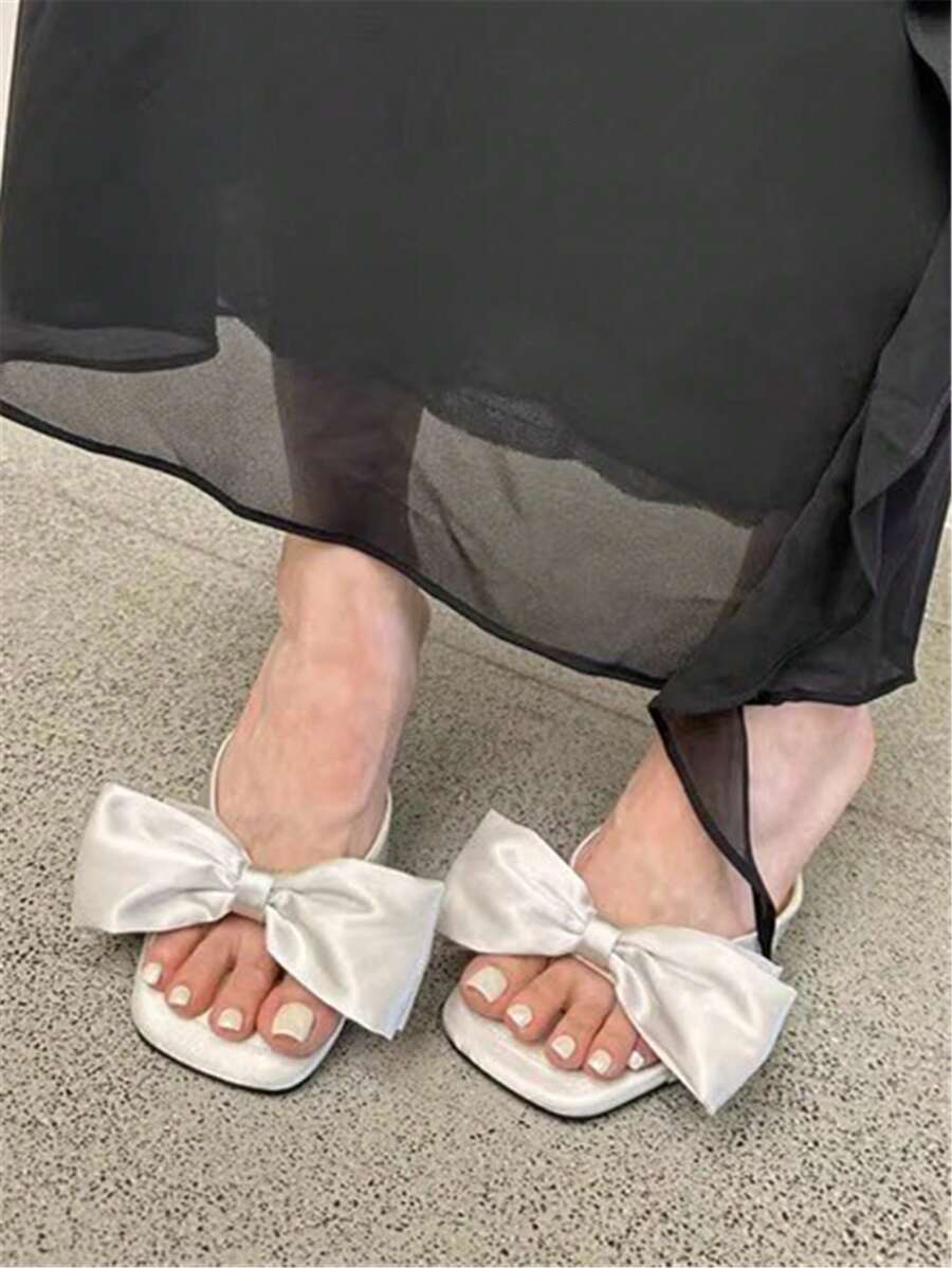 女士时尚优雅系带拖鞋，带超大蝴蝶结，软底防滑坡跟凉鞋