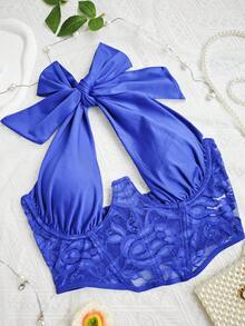 1pc Sexy Lace Up Halter Neck Underwired Bustier Cropped Tank Top, Backless Design - Royal Blue - View 8
