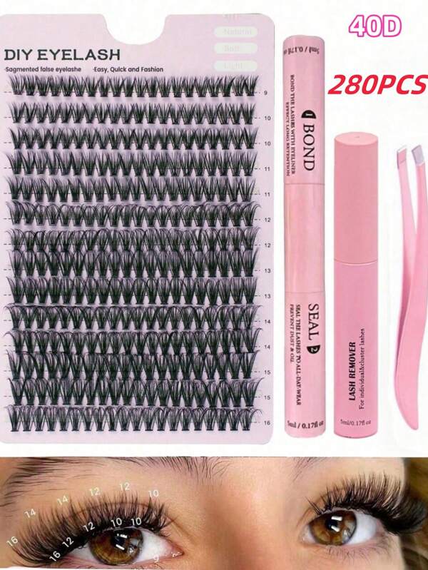 Kit de extensión de pestañas DIY, racimo de pestañas 280 piezas con adhesivo y sellador de agarre fuerte, y herramienta aplicadora de racimos de pestañas. Kit de extensión de pestañas para auto aplicación en casa (40D 0.07 9-16MM)