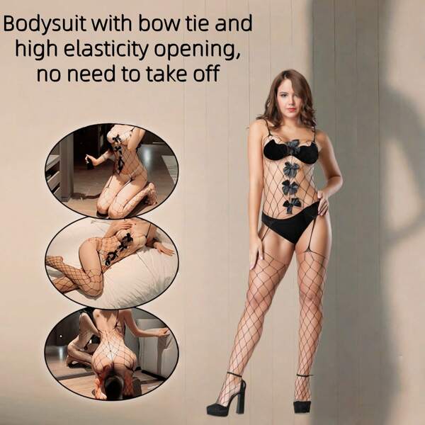Nova Bodysuit Europeia e Americana com Laço de Abertura Entrepernas, Lingerie Sexy, Não Precisa Tirar, Bodysuit de Tule Sexy Transparente, Bodysuit de Tule Preto Sexy, Bodysuit de Tule Sexy